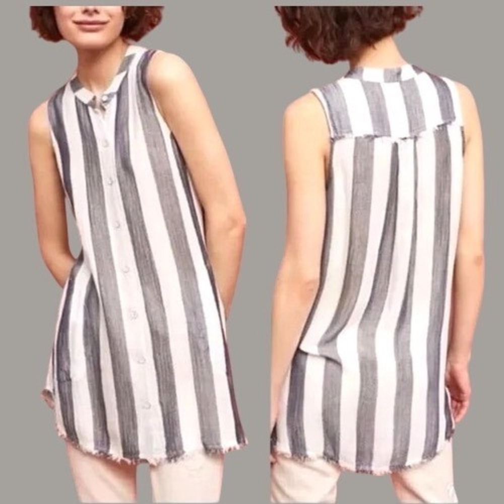 CLOTH & STONE Blue STRIPES Tencel POCKETS Button-Up RAW HEM Shirt/Tank Top Sz S